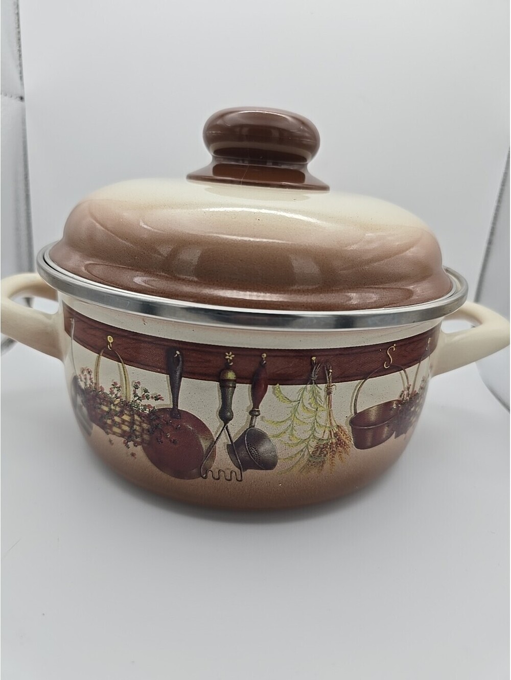 Vintage Brown Metalac Cookware Enamel Sauce Pot With Lid And Handles Serbia